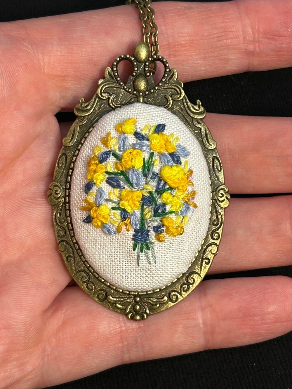Yellow & Blue Bouquet Botanical Embroidery Pendant / Broach Necklace
